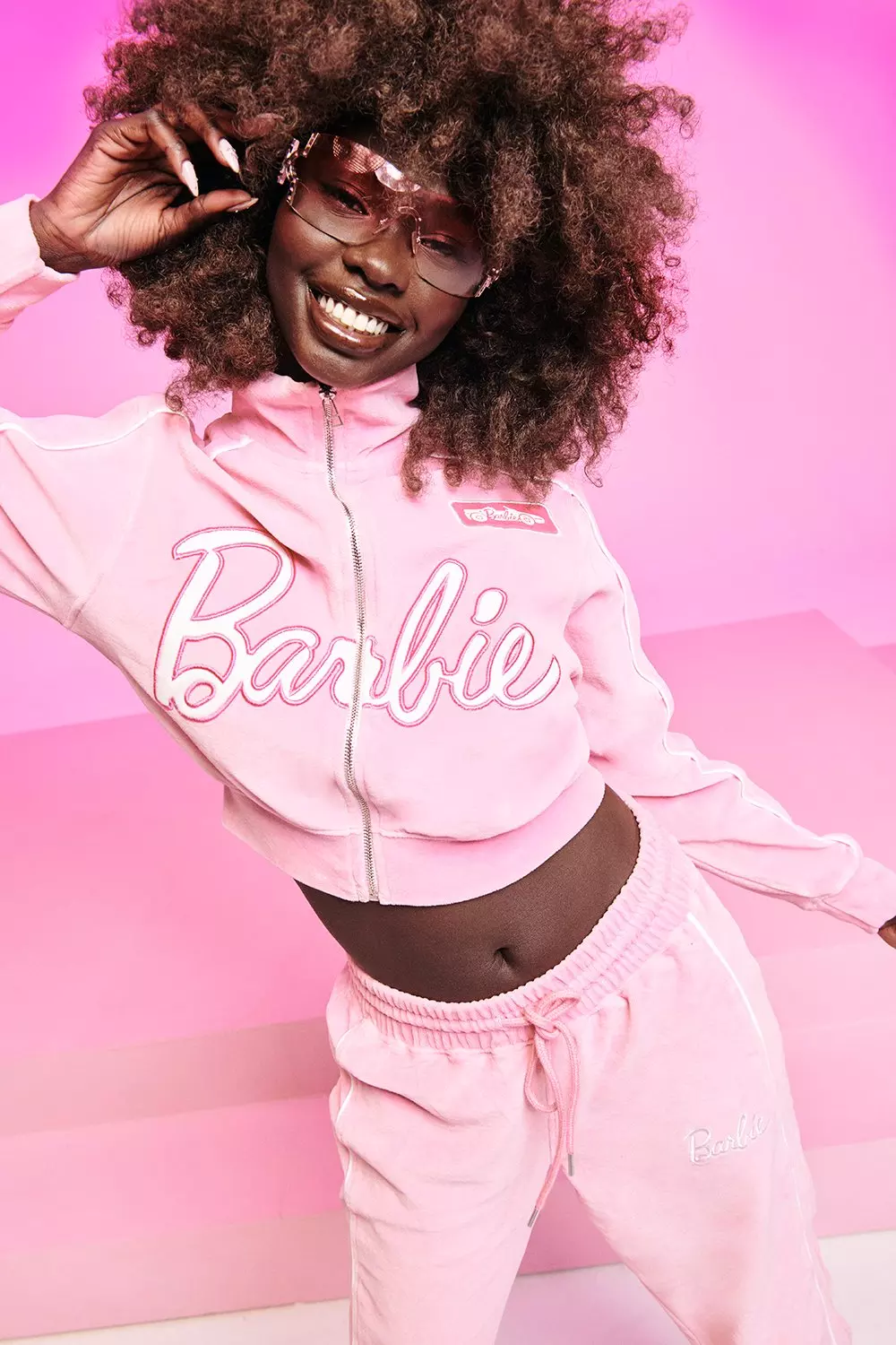 Pink velour hot sale cropped tracksuit